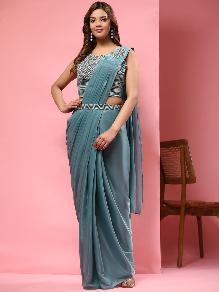 Plain Lycra Readymade Saree With Stitched Blouse With Belt