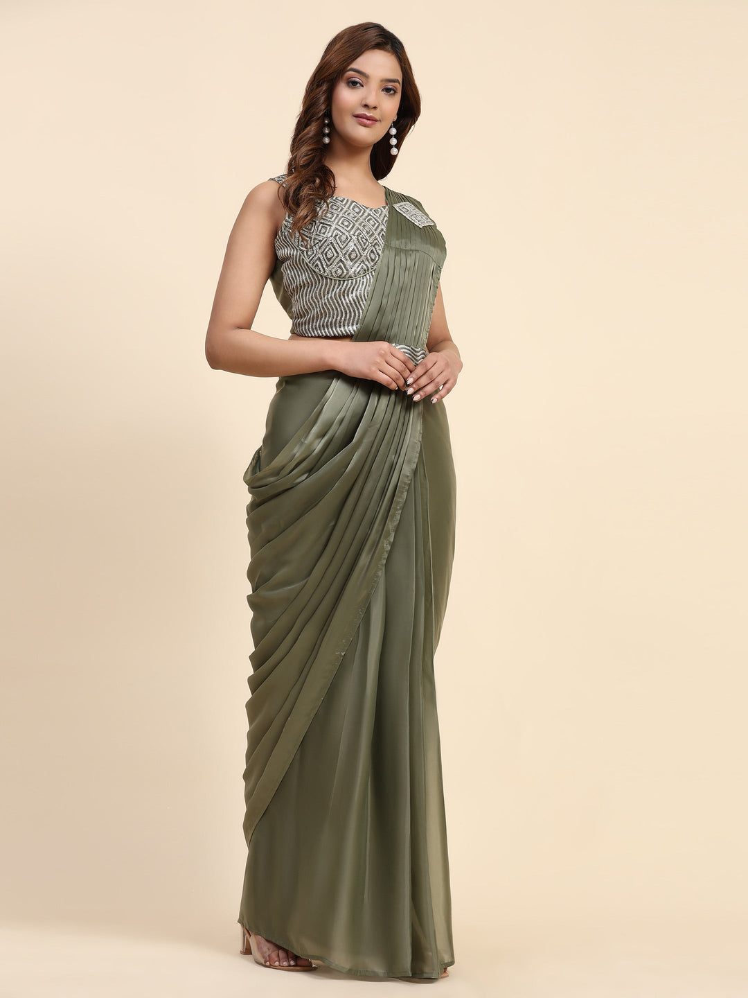 Plain Lycra Readymade Saree With Stitched Blouse With Belt