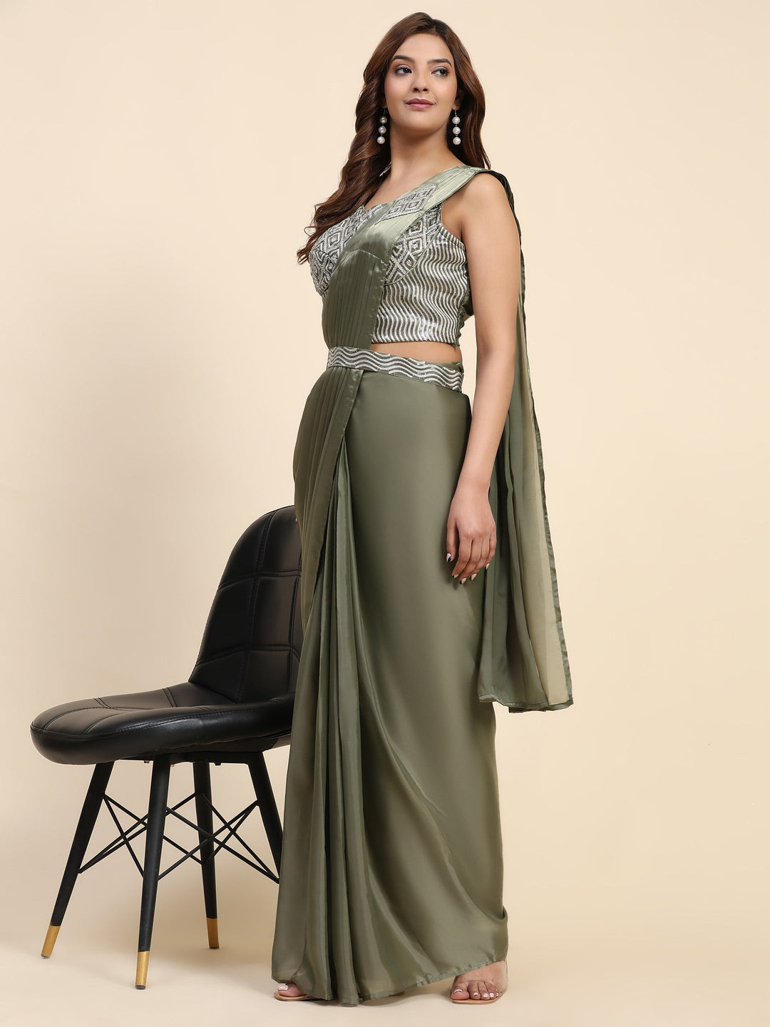 Plain Lycra Readymade Saree With Stitched Blouse With Belt