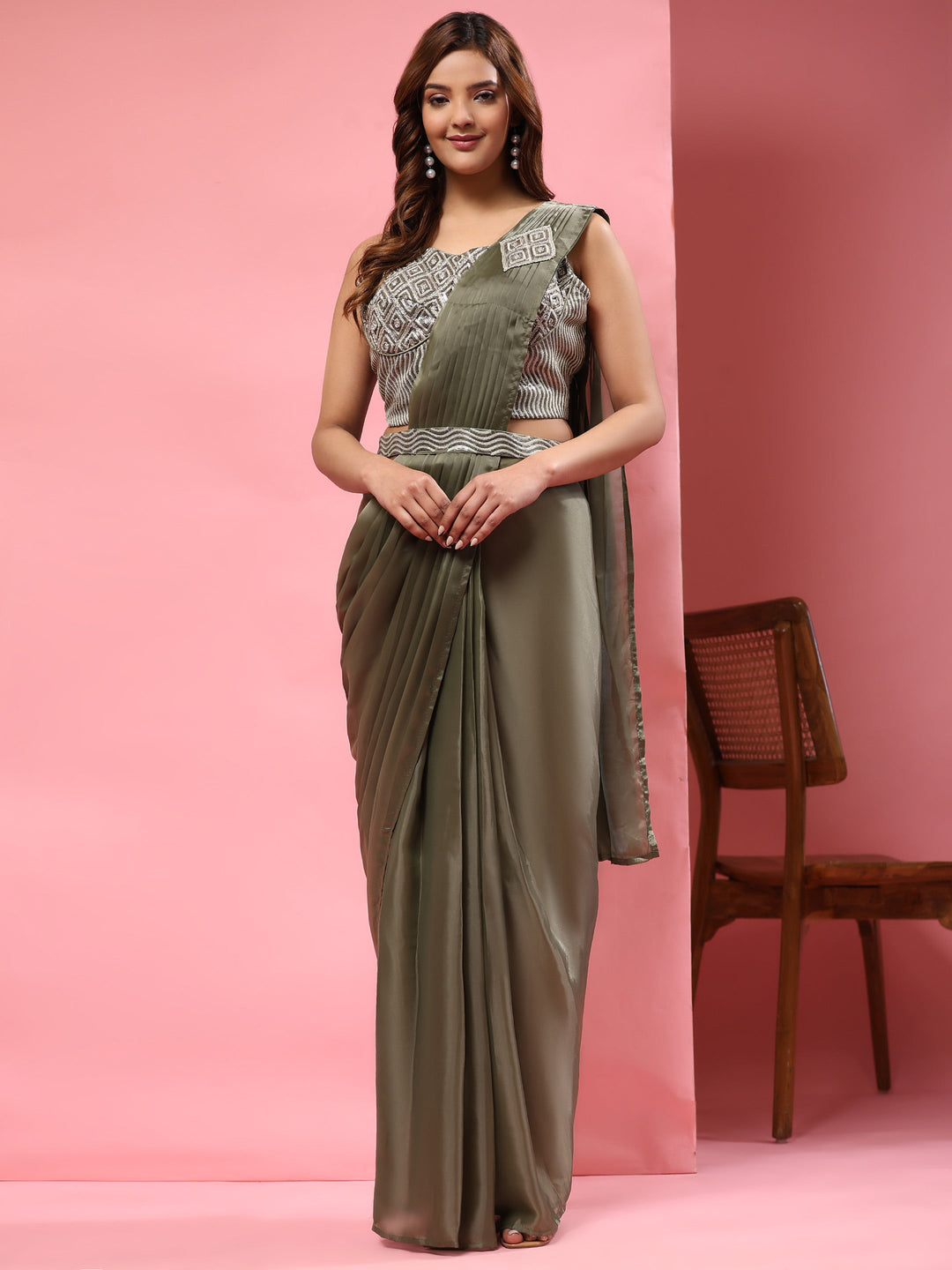 Plain Lycra Readymade Saree With Stitched Blouse With Belt