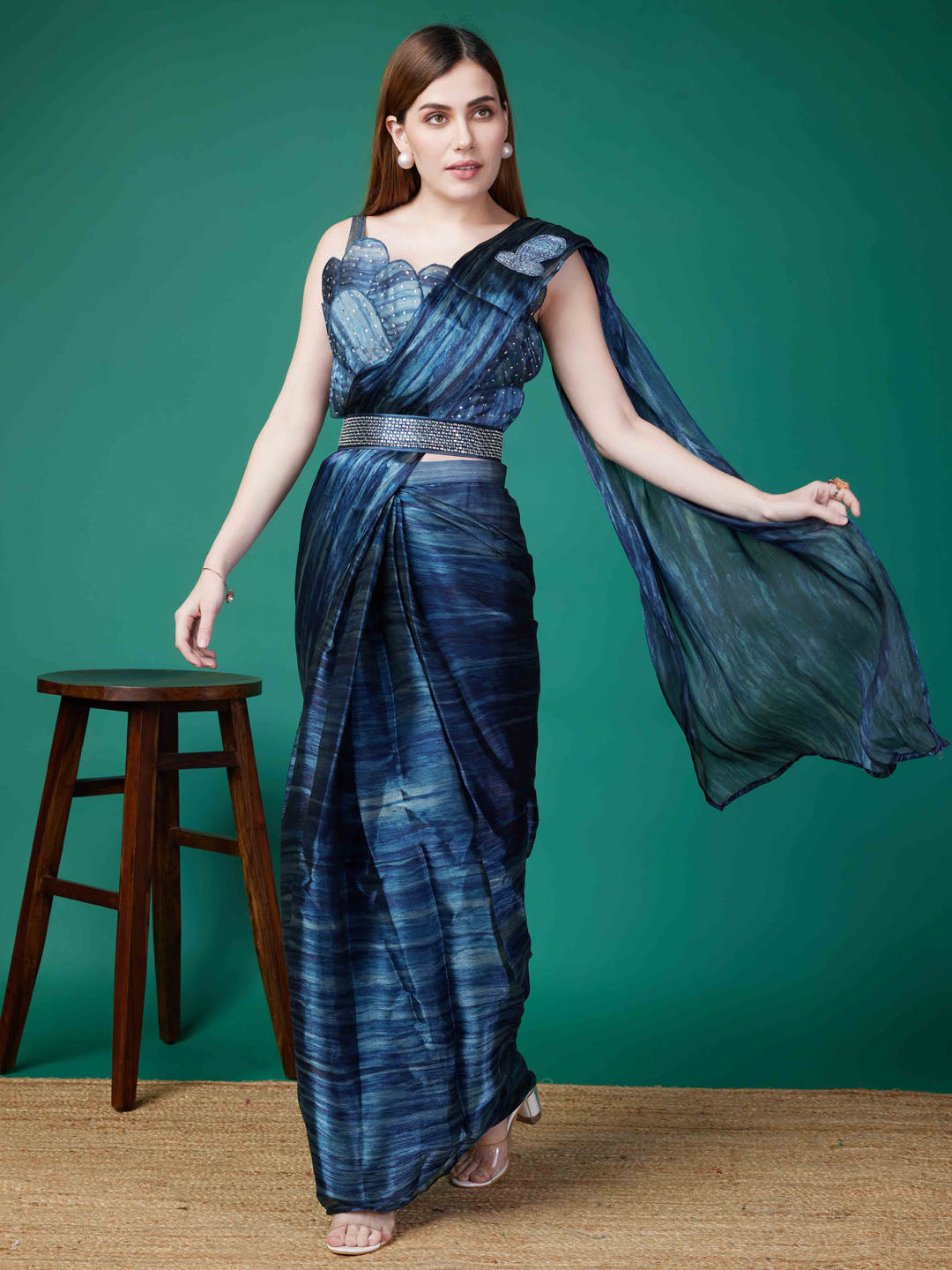 Printed Organza Readymade Saree With Stitched Blouse &amp; Belt