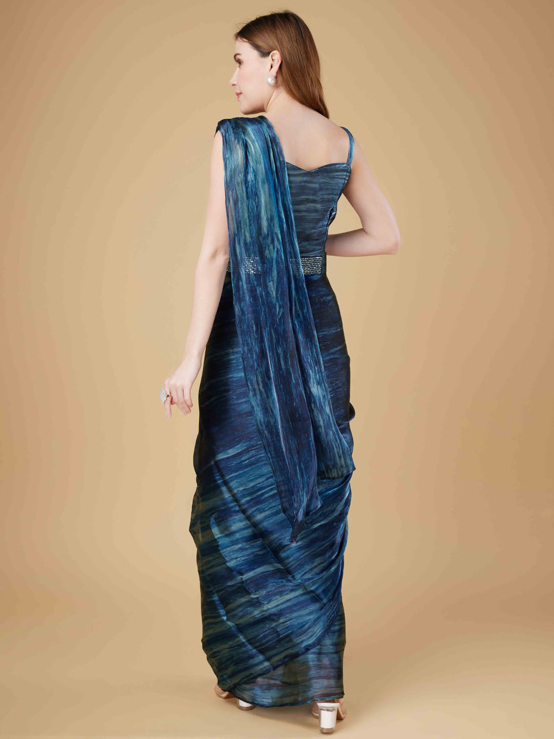 Printed Organza Readymade Saree With Stitched Blouse &amp; Belt