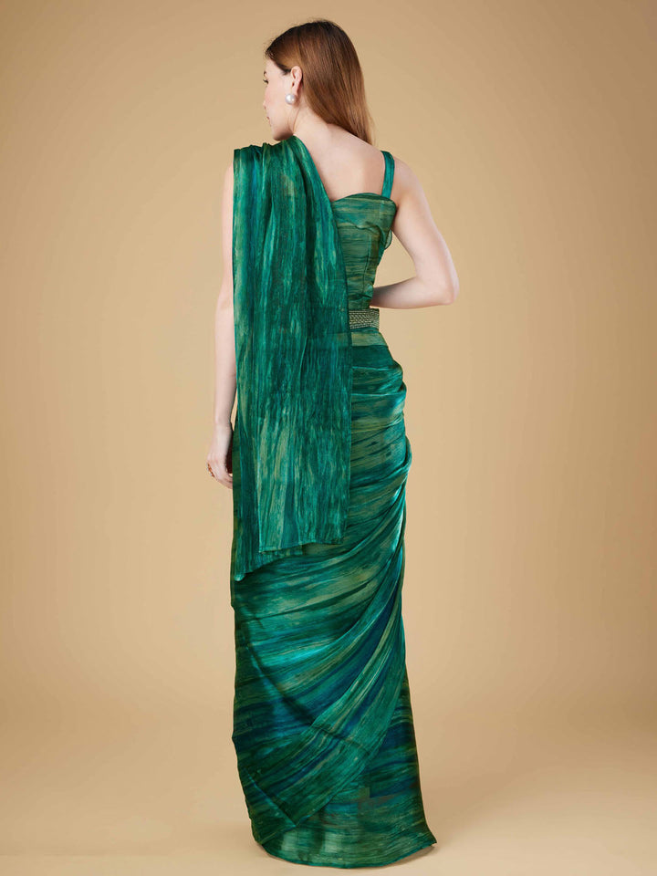 Printed Organza Readymade Saree With Stitched Blouse &amp; Belt