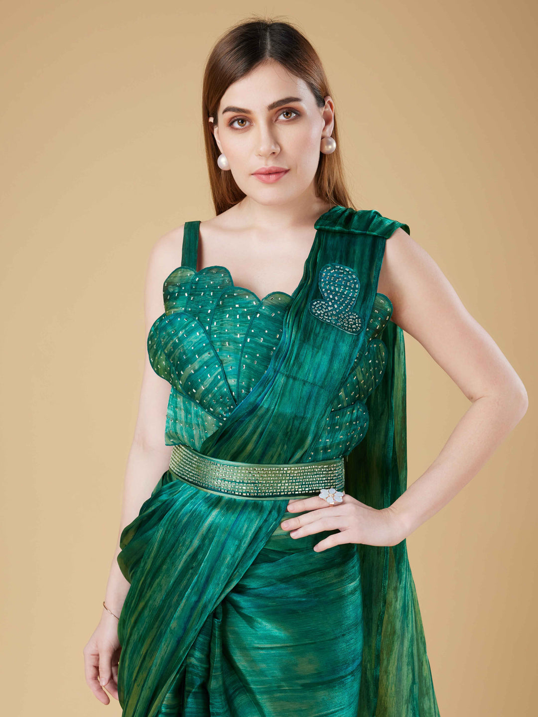 Printed Organza Readymade Saree With Stitched Blouse &amp; Belt
