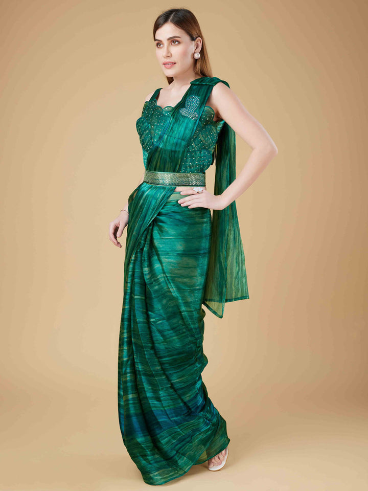 Printed Organza Readymade Saree With Stitched Blouse &amp; Belt