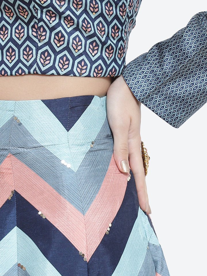 Zig Zag Printed Tussar Lehenga With Choli And Net Dupatta