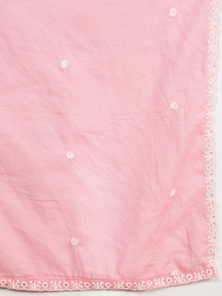 Embroidered Cotton Blend Kurta With Pants &amp; Dupatta