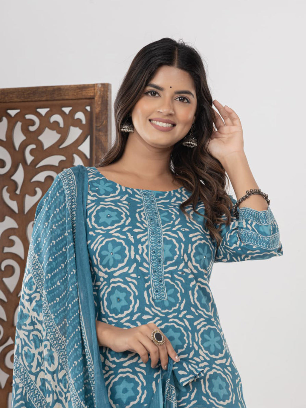 Light Blue Embroidered Cotton Blend Straight Suit Set With Dupatta