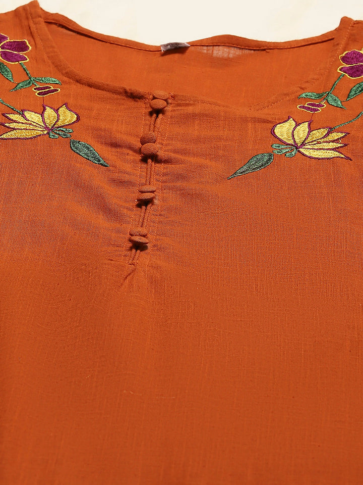 Embroidered Cotton Blend Kurta With Pants &amp; Dupatta