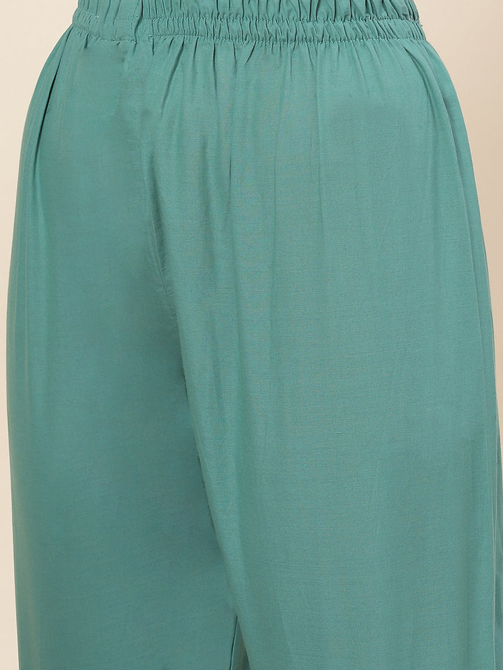 Printed &amp; Neck Embroidered Chanderi Kurta With Pants