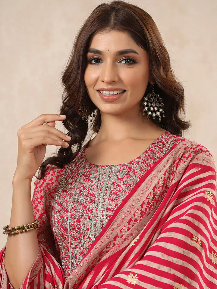 Neck Embroidered Muslin Kurta With Pants &amp; Dupatta