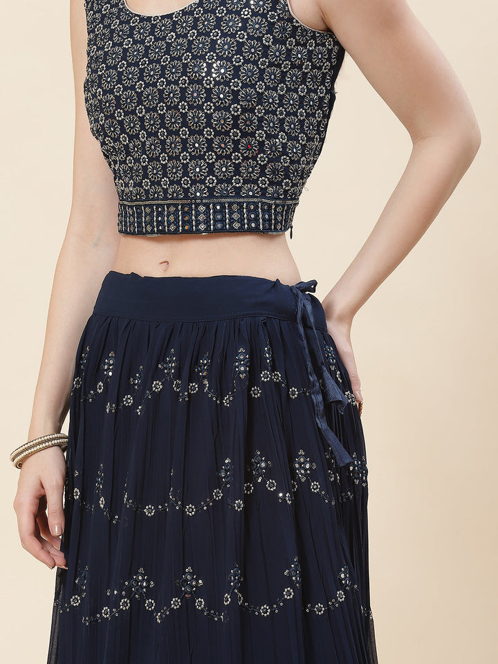 Embroidered Georgette Choli With Lehenga &amp; Dupatta