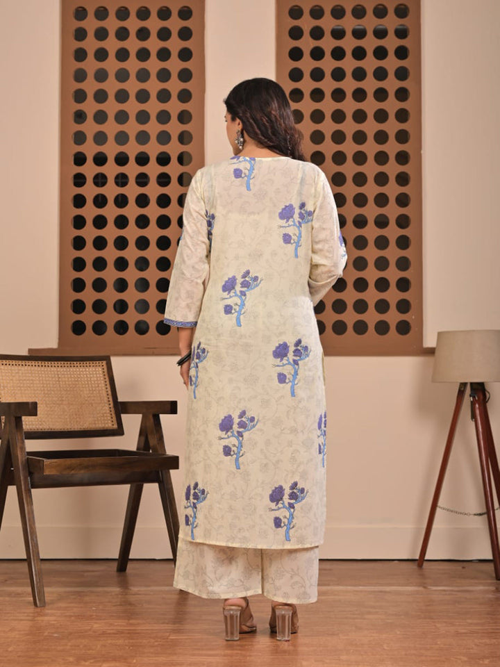 Cream Blue Cotton Blend Printed Straight Suit Set