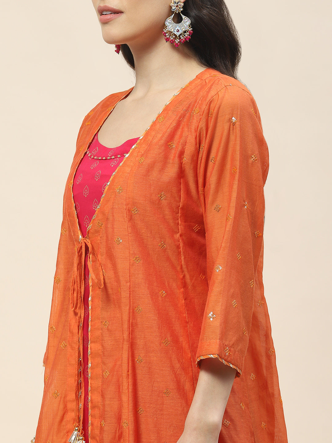 Embroidered Chanderi Kurta With Cape & Pants