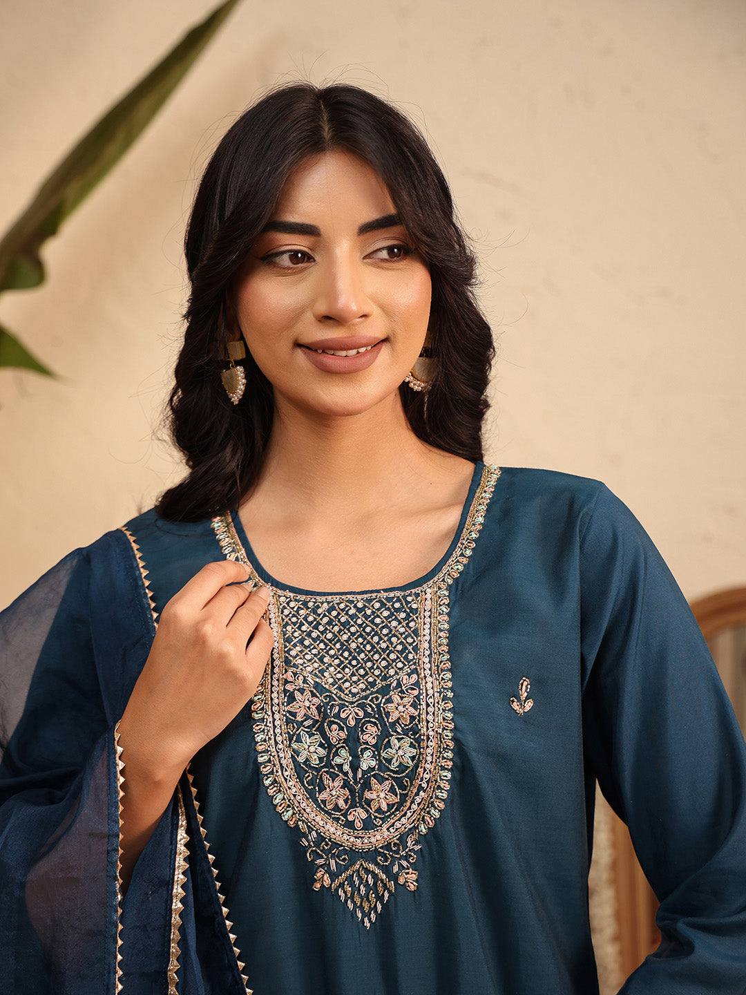 Embroidered Cotton Kurta With Pant &amp; Dupatta