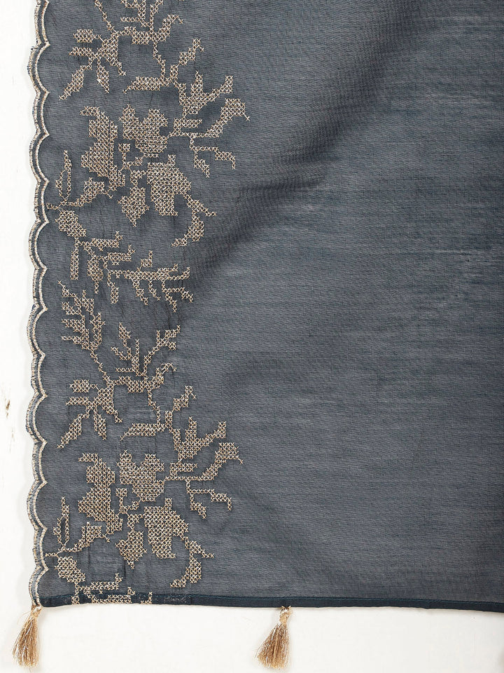 Embroidered Cotton Kurta With Pants &amp; Dupatta