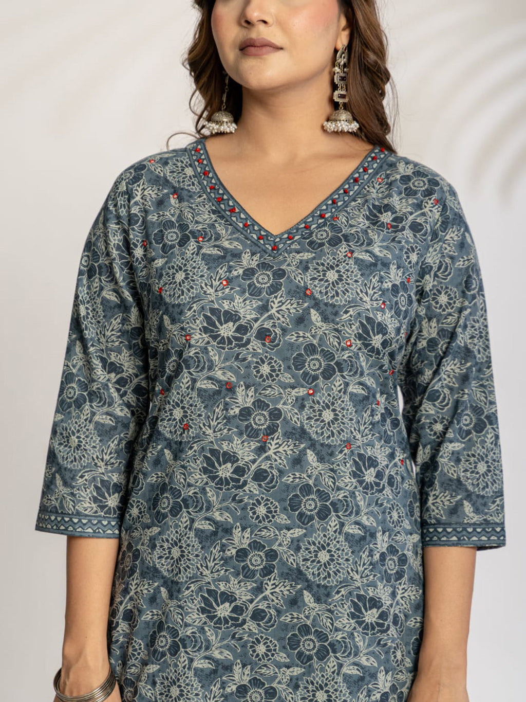 Grey Embroidered Cotton Blend Straight Suit Set With Dupatta