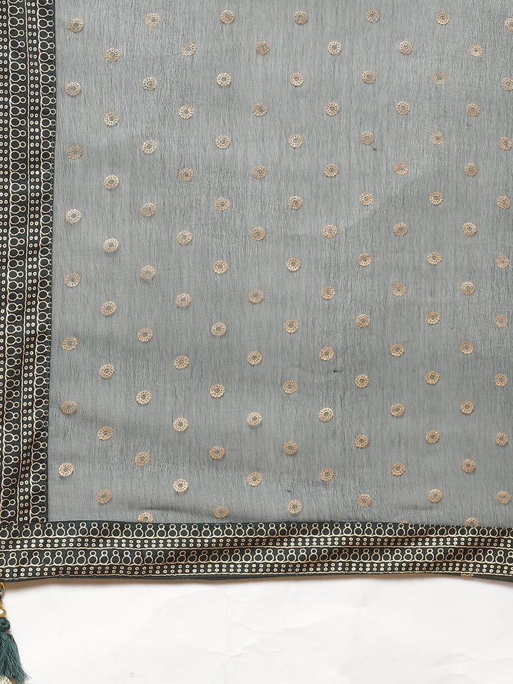 Zari Work Cotton Muslin Kurti Printed Pant And Dupatta