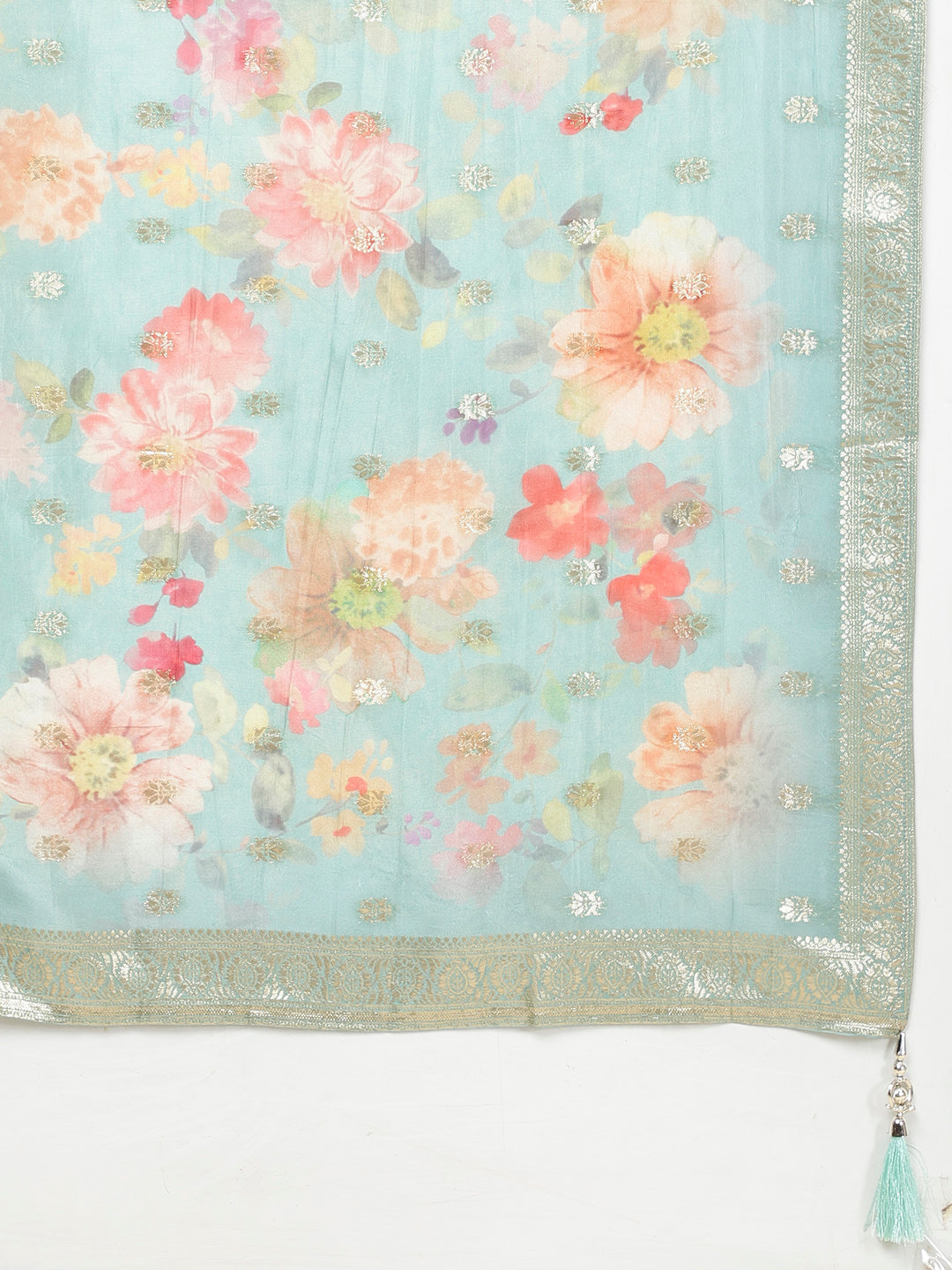 Floral Printed &amp; Woven Organza Kurta With Pants &amp; Dupatta