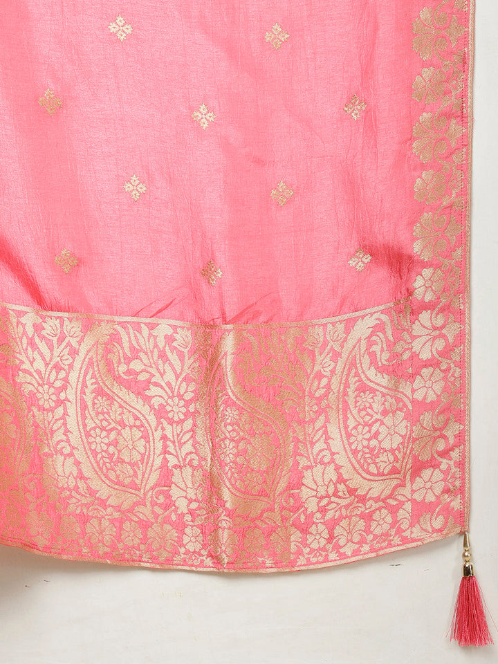 Floral Printed &amp; Woven Organza Kurta With Pants &amp; Dupatta