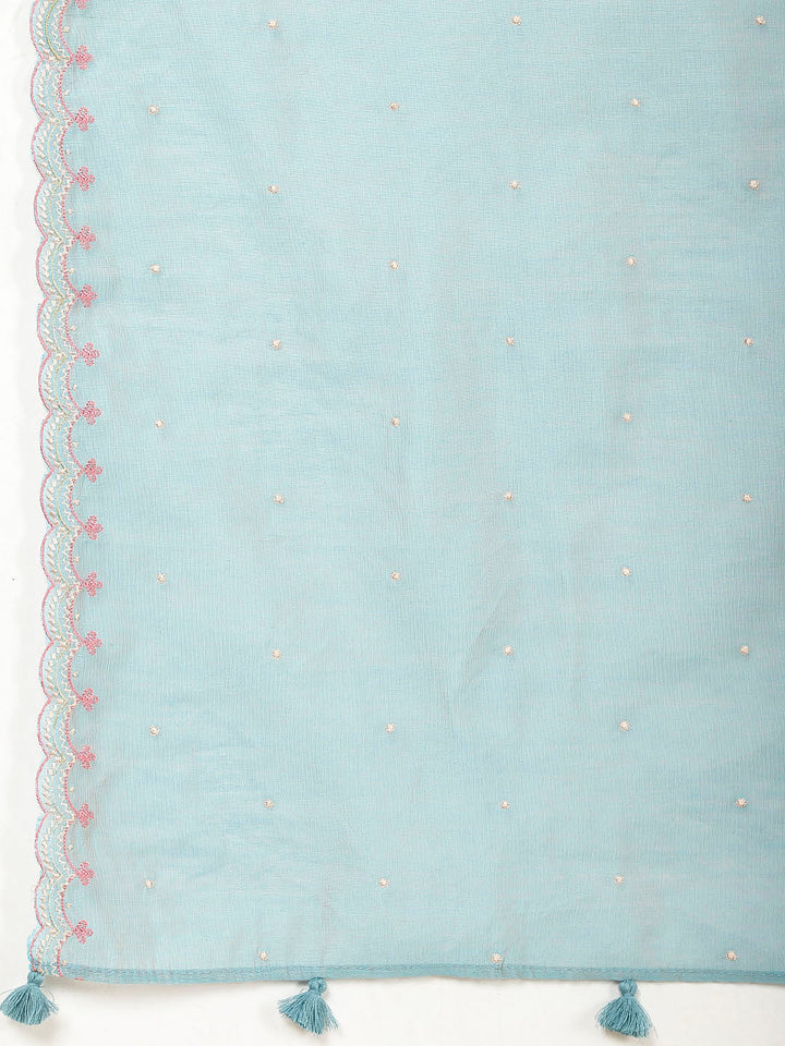 Embroidered Chanderi Kurta With Pants &amp; Dupatta