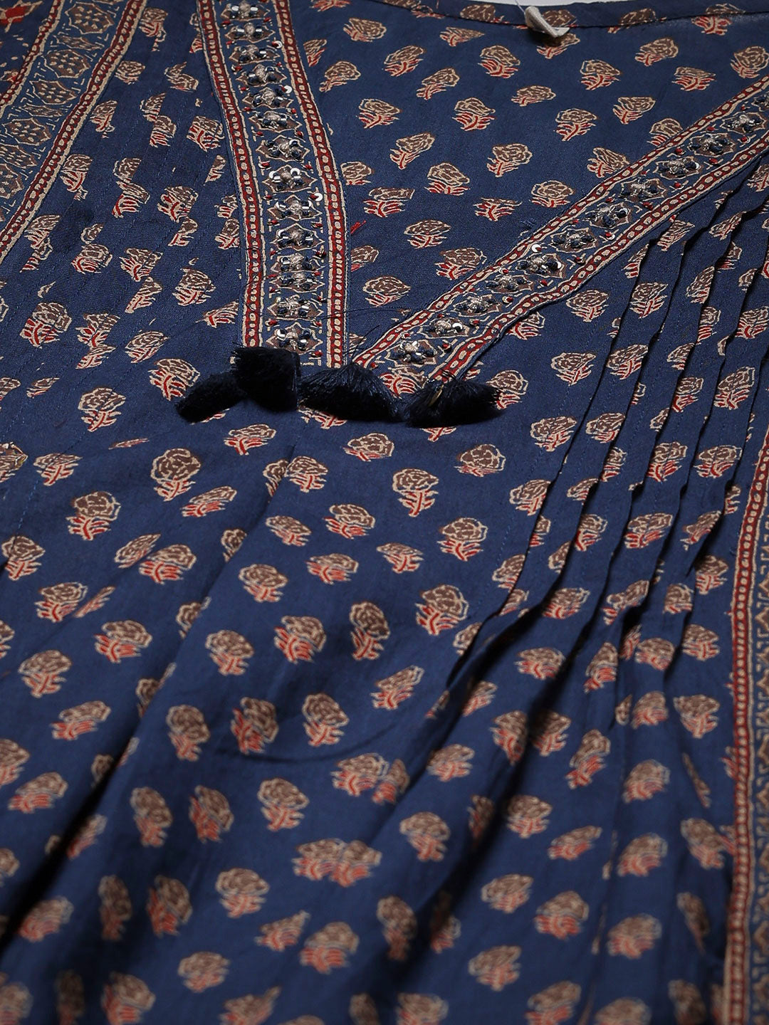 Blue Cotton Blend Printed Straight Suit Set