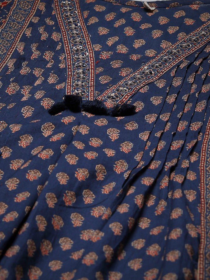 Blue Cotton Blend Printed Straight Suit Set
