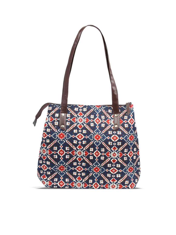 Navy Blue &amp; Maroon Printed Cotton Handbag With Pouch