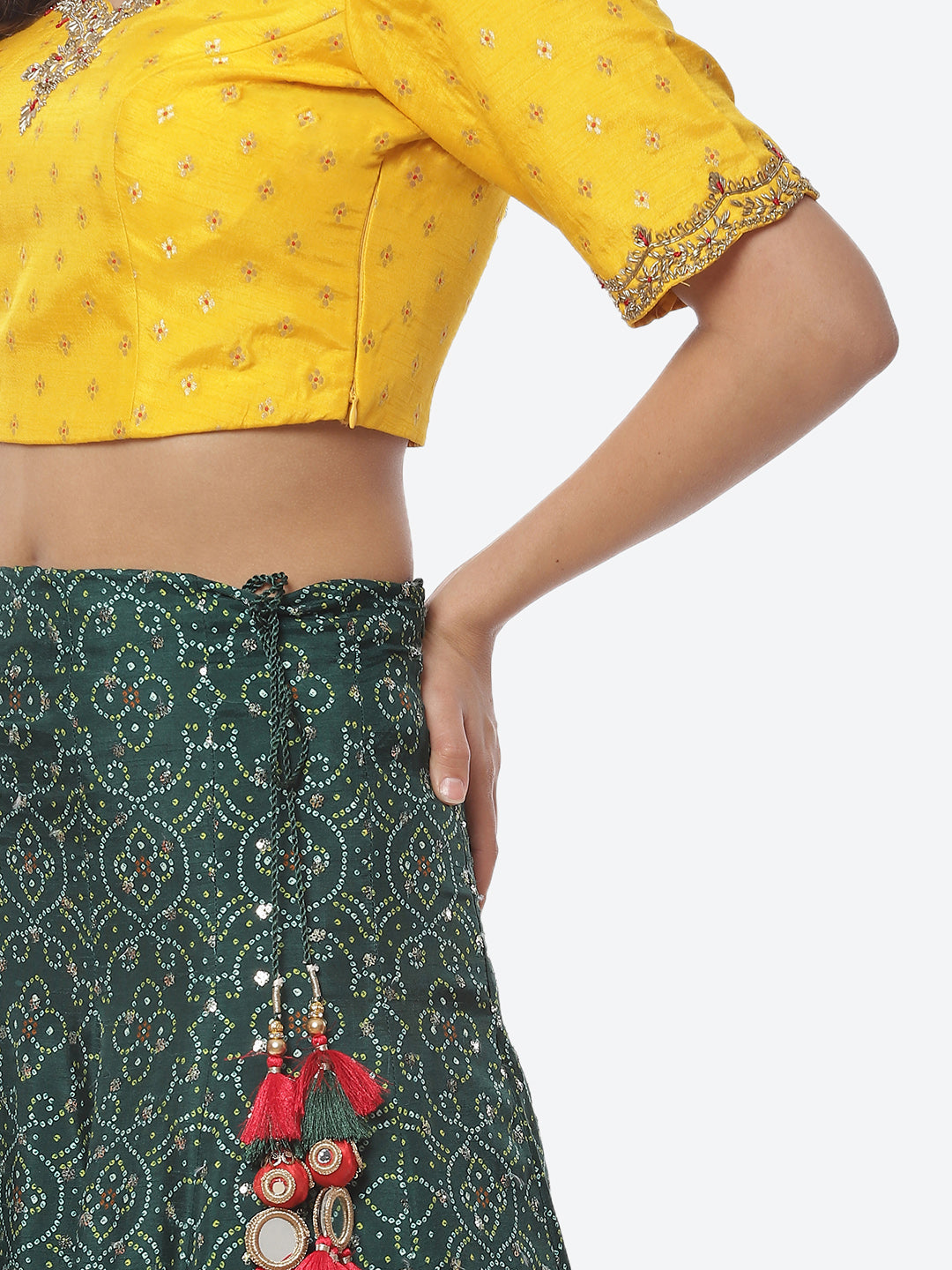 Printed Zari Neck Dupion Lehenga With Choli and Bandhani Printed Dupatta