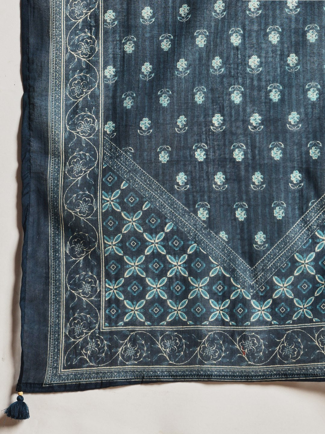 Blue Cotton Blend Printed Straight Suit Set