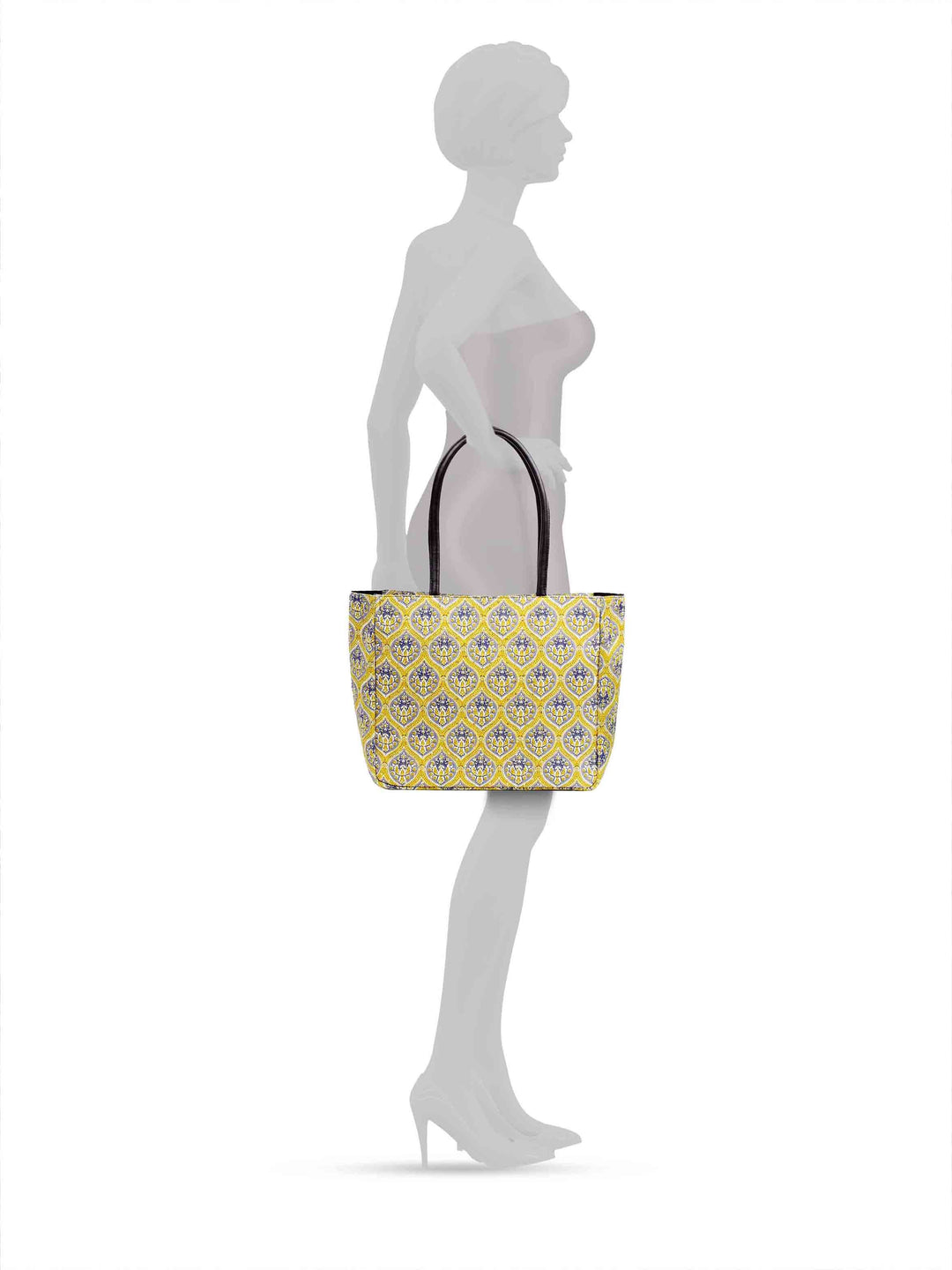 Yellow Printed Cotton Handbag With Pouch