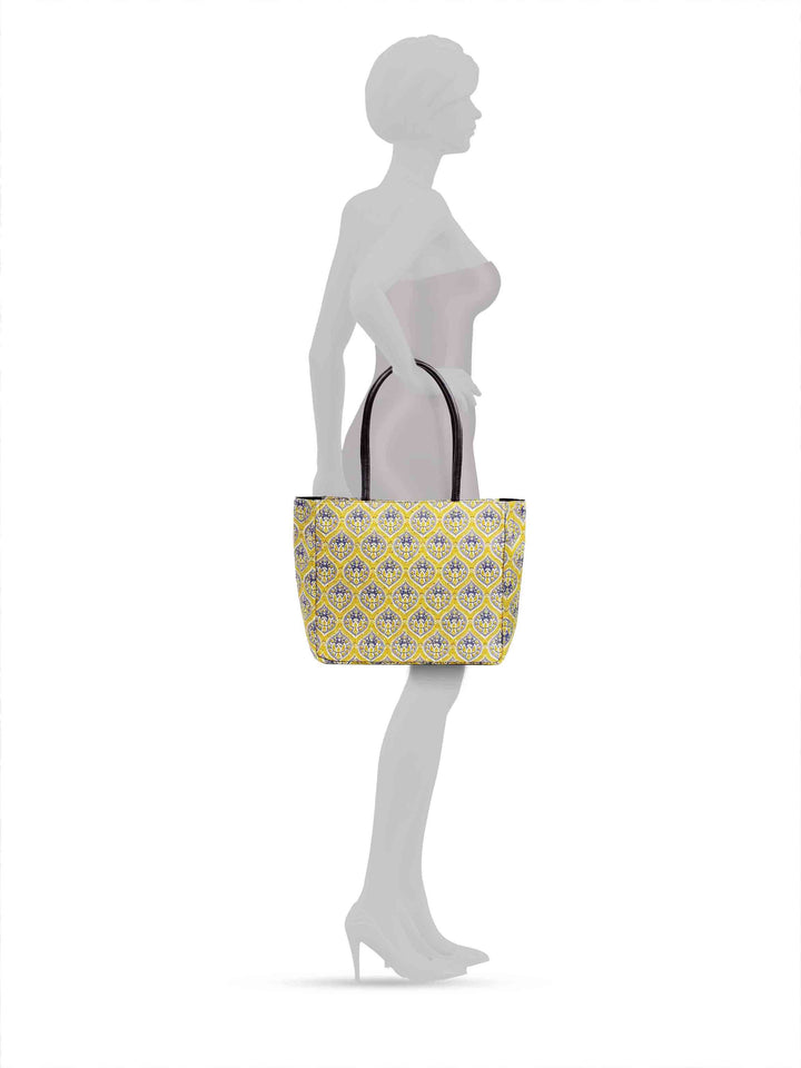 Yellow Printed Cotton Handbag With Pouch