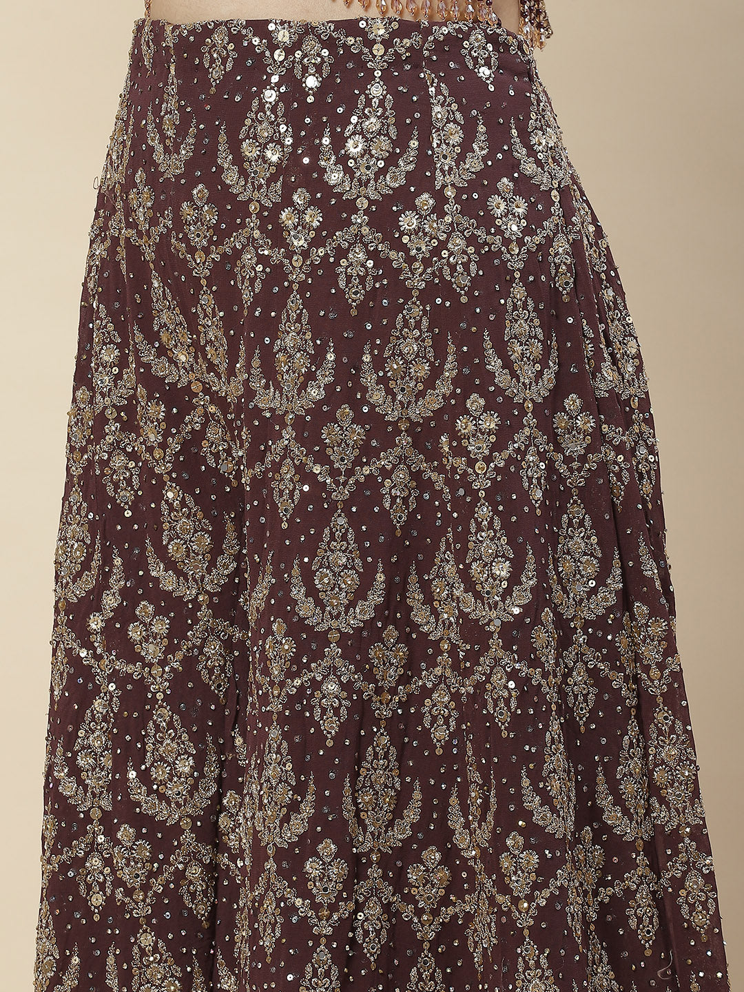 Sequin Zari Embroidered Georgette Crop Top With Palazzo &amp; Dupatta