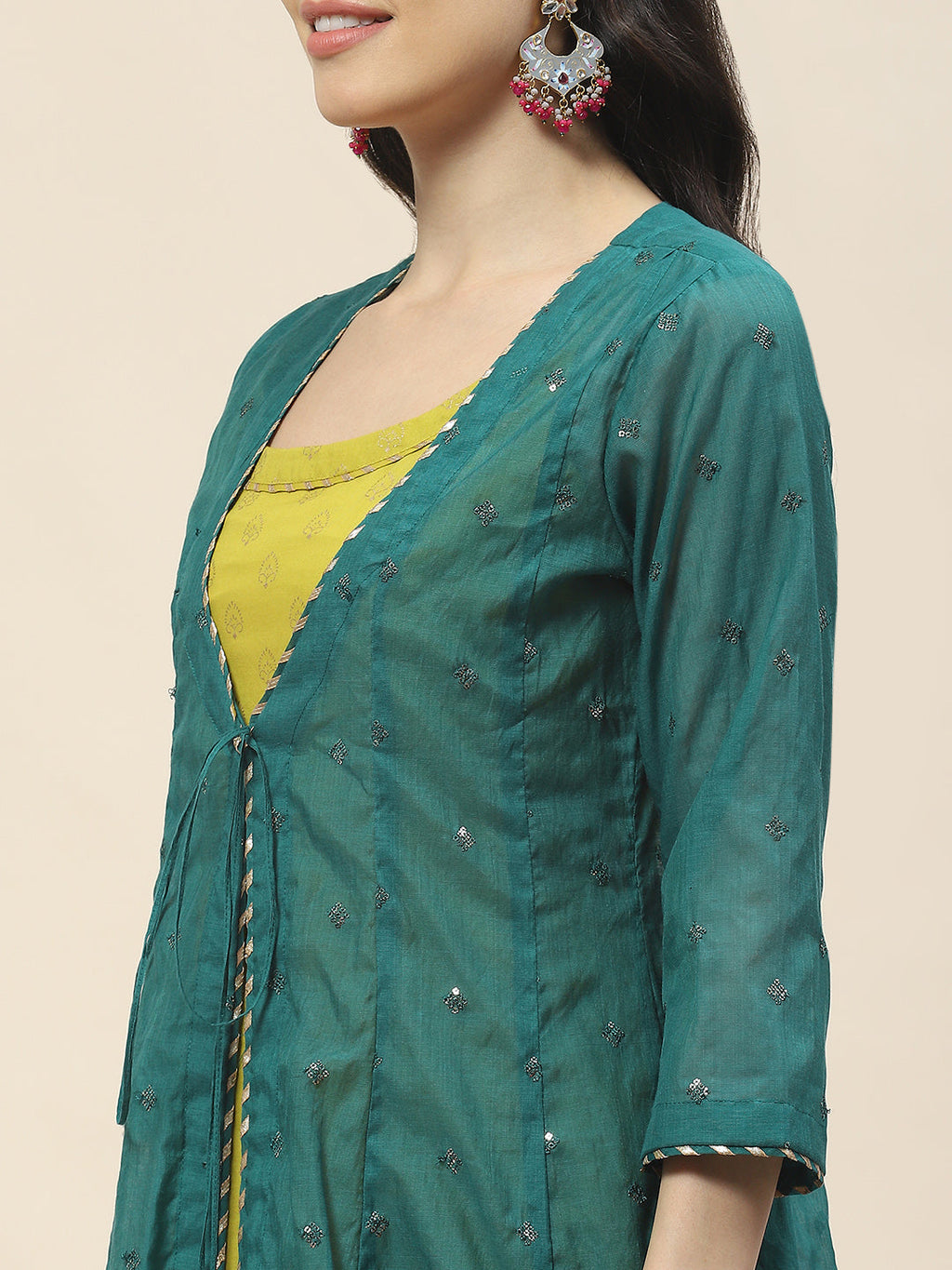 Embroidered Chanderi Kurta With Cape & Pants