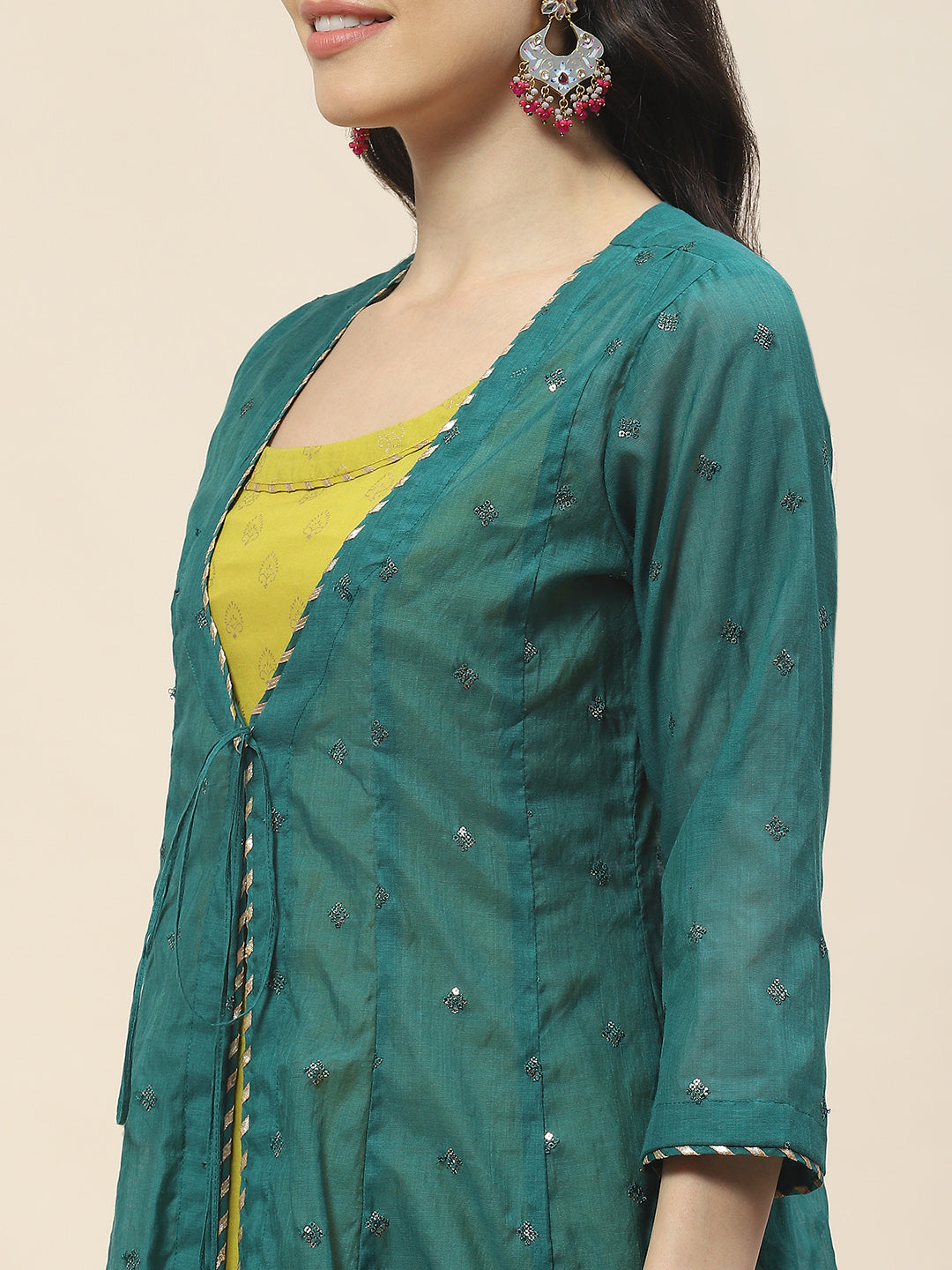 Embroidered Chanderi Kurta With Cape & Pants