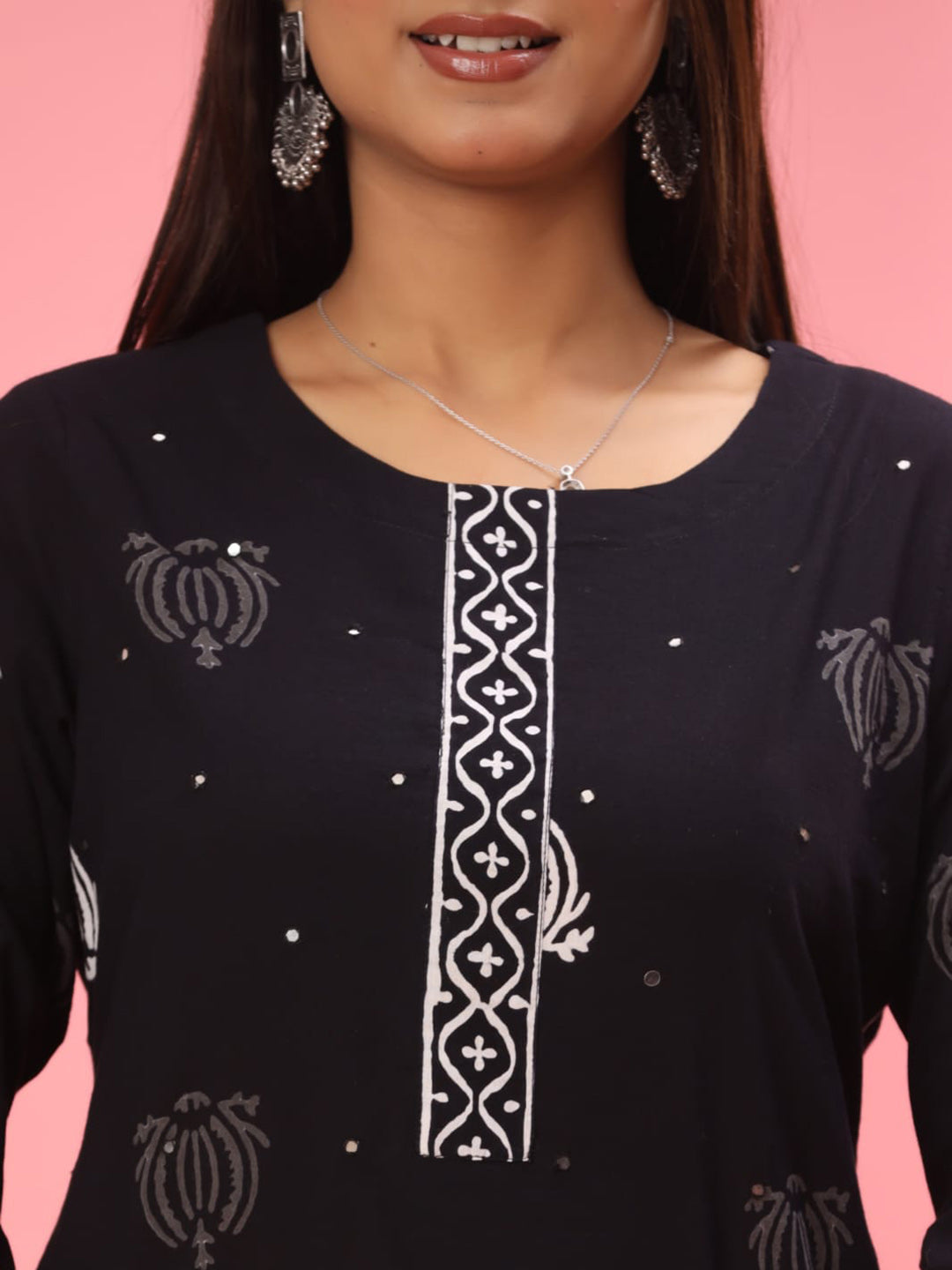 Black Embroidered Cotton Blend Straight Suit Set With Dupatta