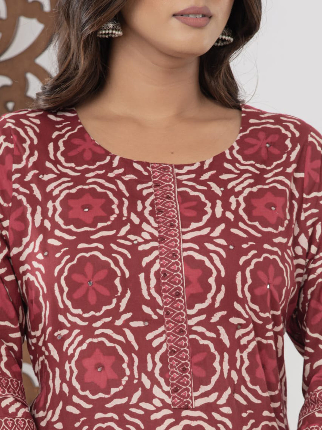 Maroon Embroidered Cotton Blend Straight Suit Set With Dupatta