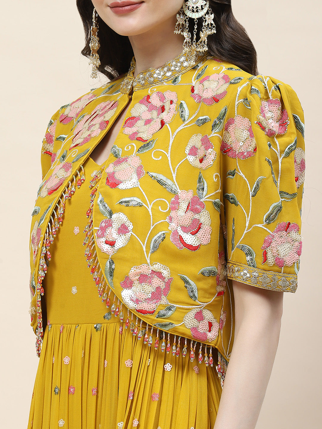 Floral Sequin Embroidery Georgette Kurta With Jacket &amp; Dupatta