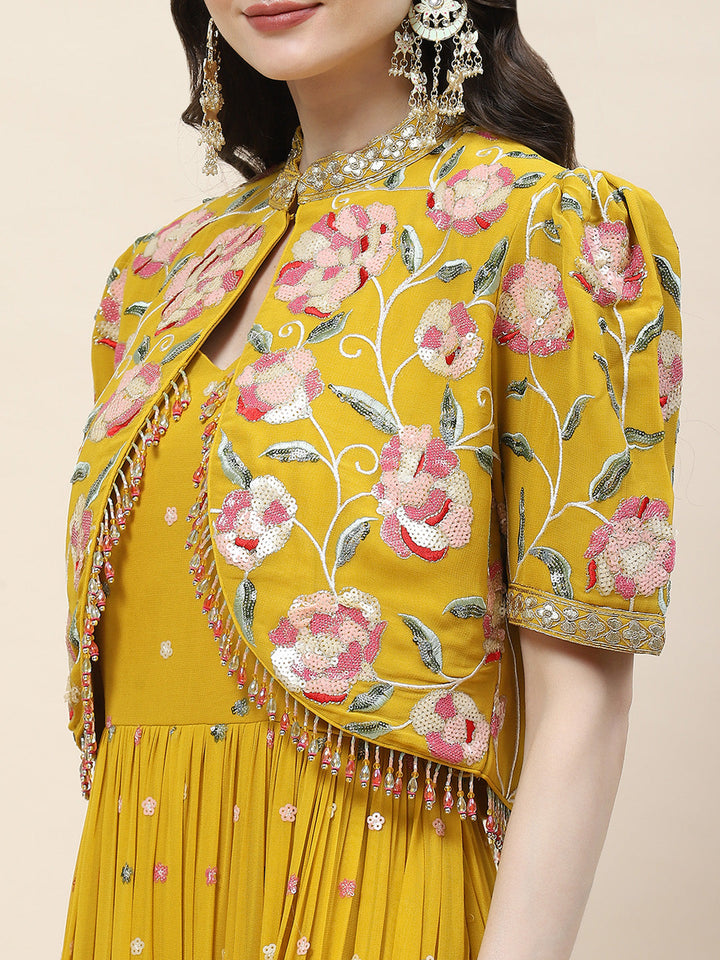 Floral Sequin Embroidery Georgette Kurta With Jacket &amp; Dupatta