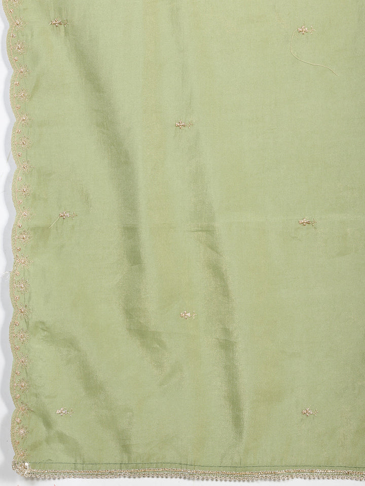 Neck Zari Embroidered Chanderi Kurta With Pants &amp; Dupatta