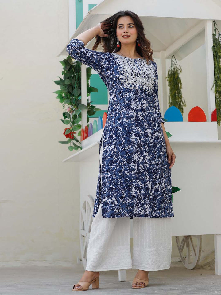 Neck Embroidered &amp; Printed Cotton Kurta With Pants
