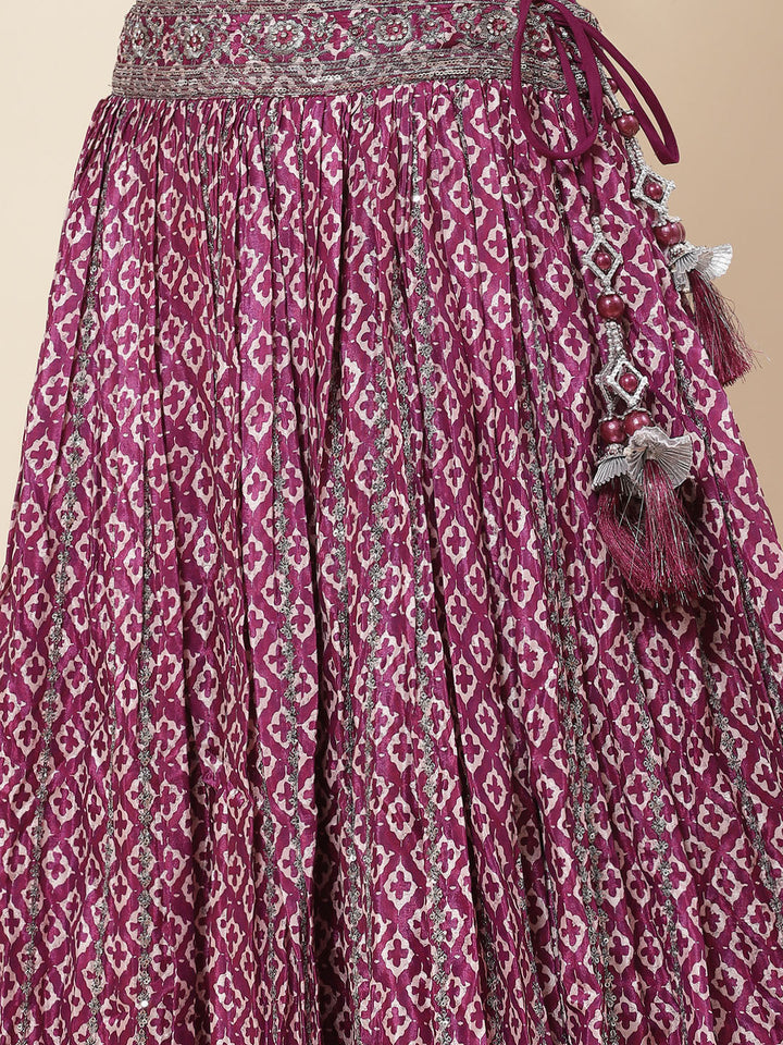 Printed Sequin Embroidered Crepe Choli With Lehenga &amp; Net Dupatta