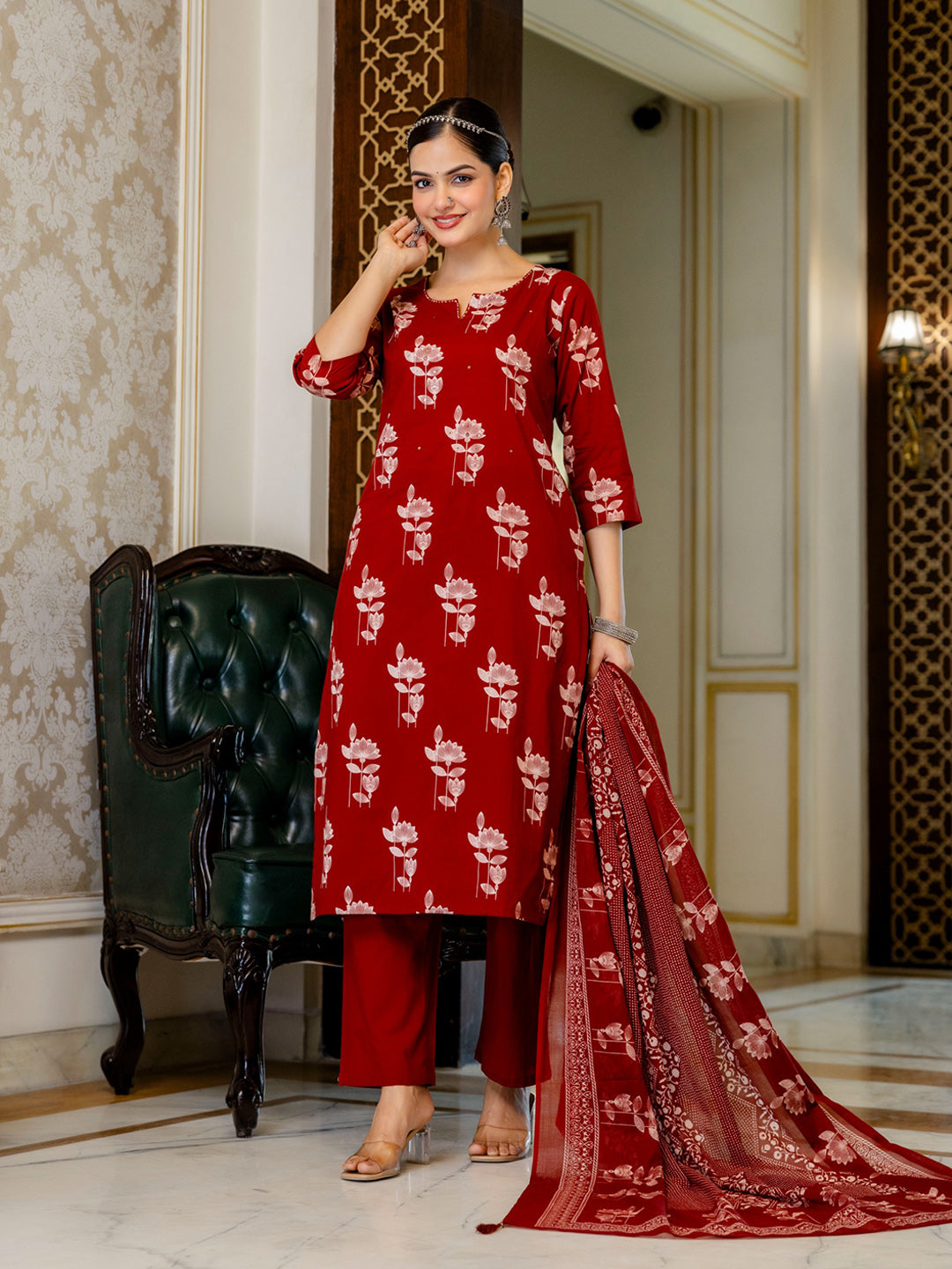 Red Cotton Blend Printed Straight Suit Set