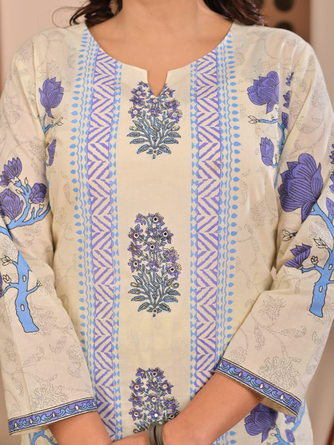 Blue Printed Cotton Blend Straight Suit Set With Dupatta