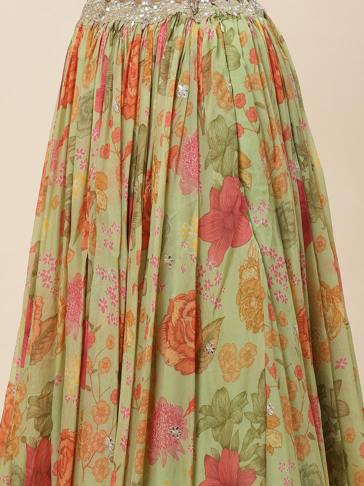 Floral Printed Organza Choli With Lehenga &amp; Cape