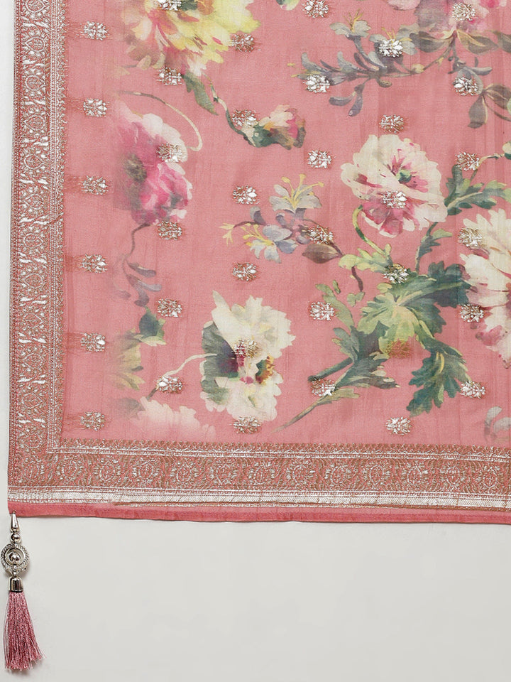 Floral Printed Organza Kurta With Pants &amp; Dupatta