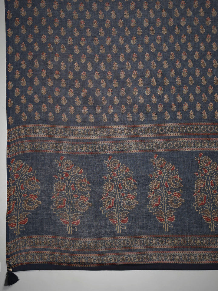 Blue Cotton Blend Printed Straight Suit Set