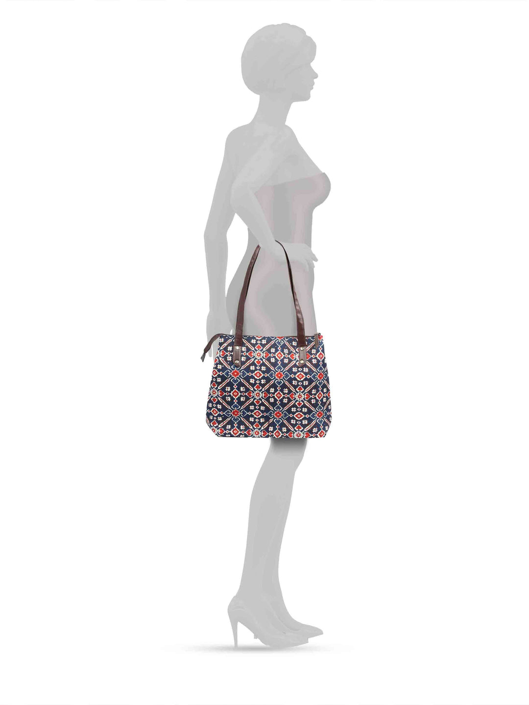 Navy Blue &amp; Maroon Printed Cotton Handbag With Pouch