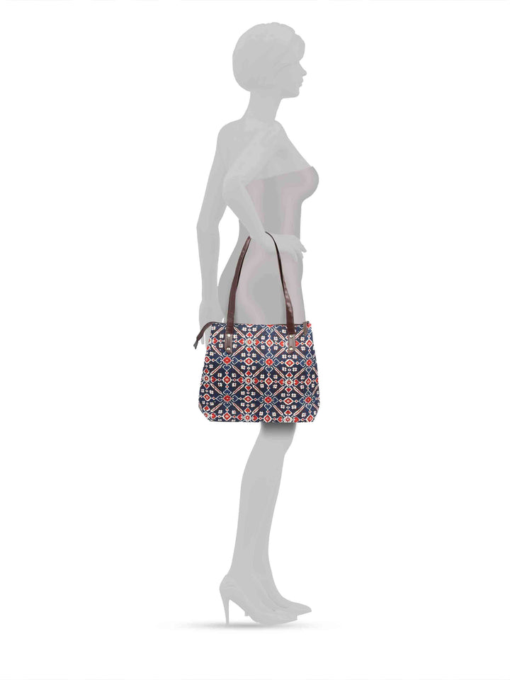 Navy Blue &amp; Maroon Printed Cotton Handbag With Pouch