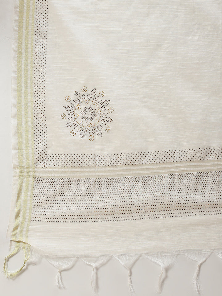 Resham Booti Embroidered Cotton Anarkali Kurta With Churidar &amp; Dupatta